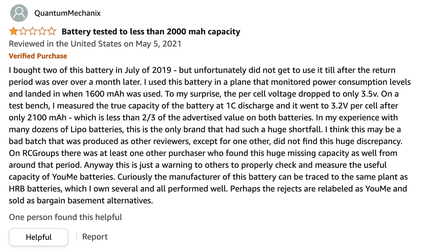Bad battery review from Amazon